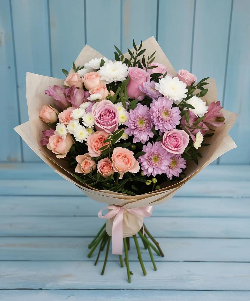 Букет цветов из: Хризантемы, Розы и Альстромерии в Малой Джалге