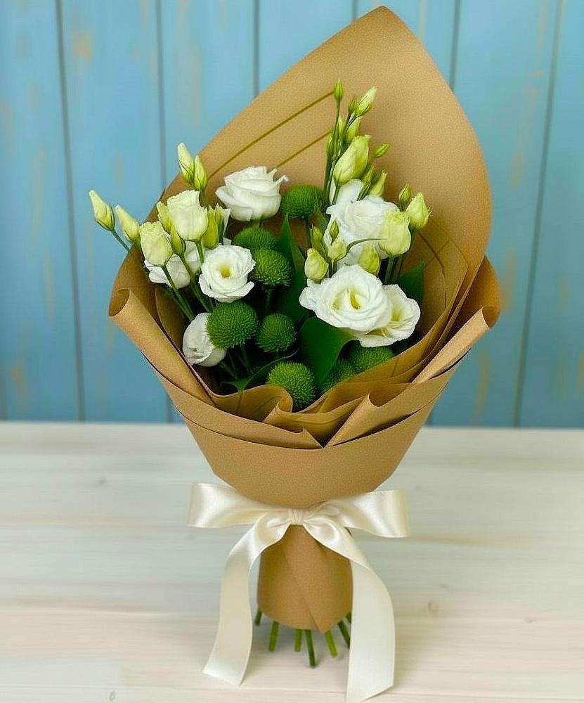 Букет цветов из: Хризантемы и Лизиантусы в Малой Джалге