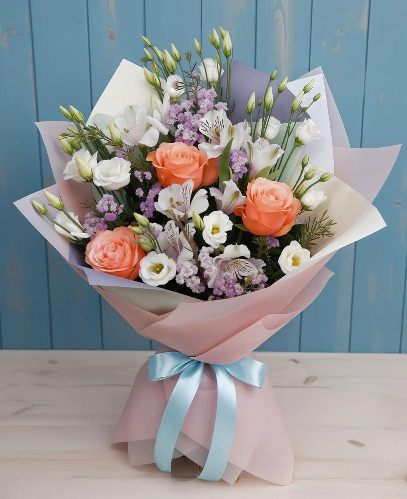 Букет цветов из: Лизиантусы, Розы, Альстромерии и Гипсофила в Малой Джалге