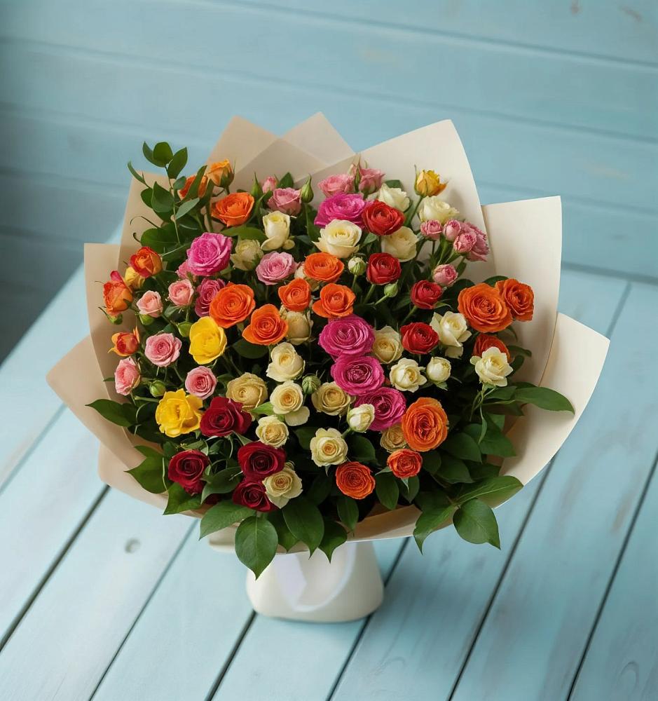 Букет Микс из разноцветных кустовых роз в Малой Джалге
