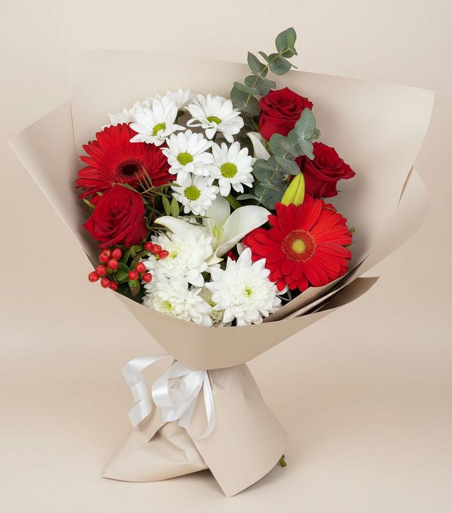 Букет цветов из: Розы, Хризантемы, Герберы и Лилии в Малой Джалге