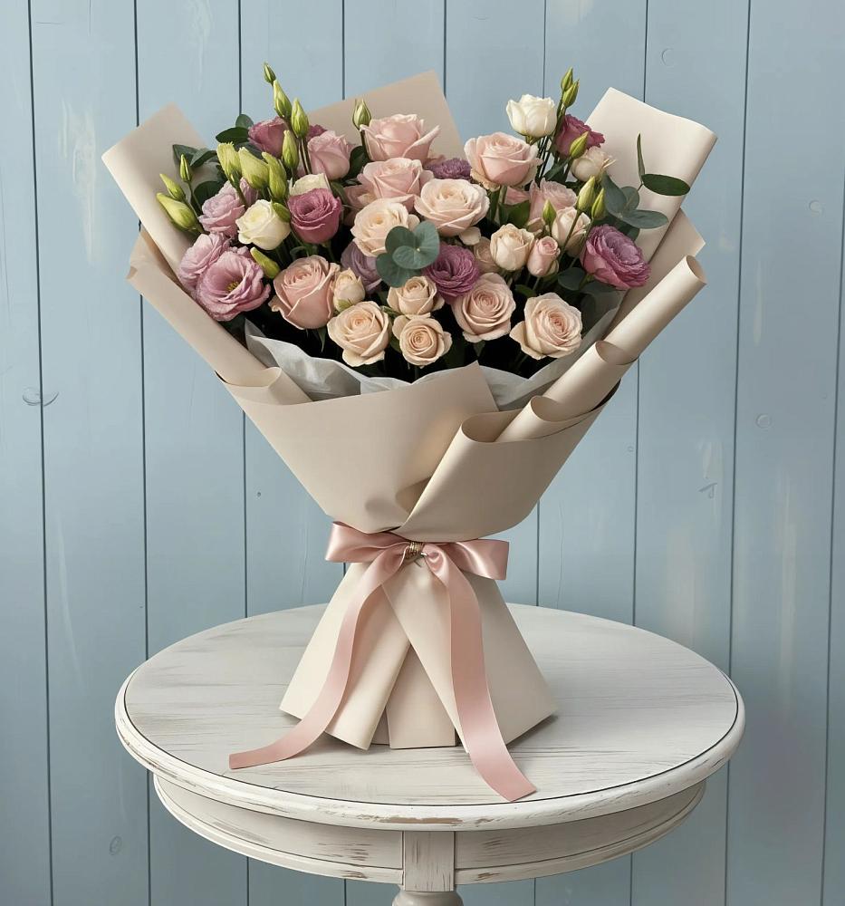 Букет цветов из: Розы и Лизиантусы в Малой Джалге