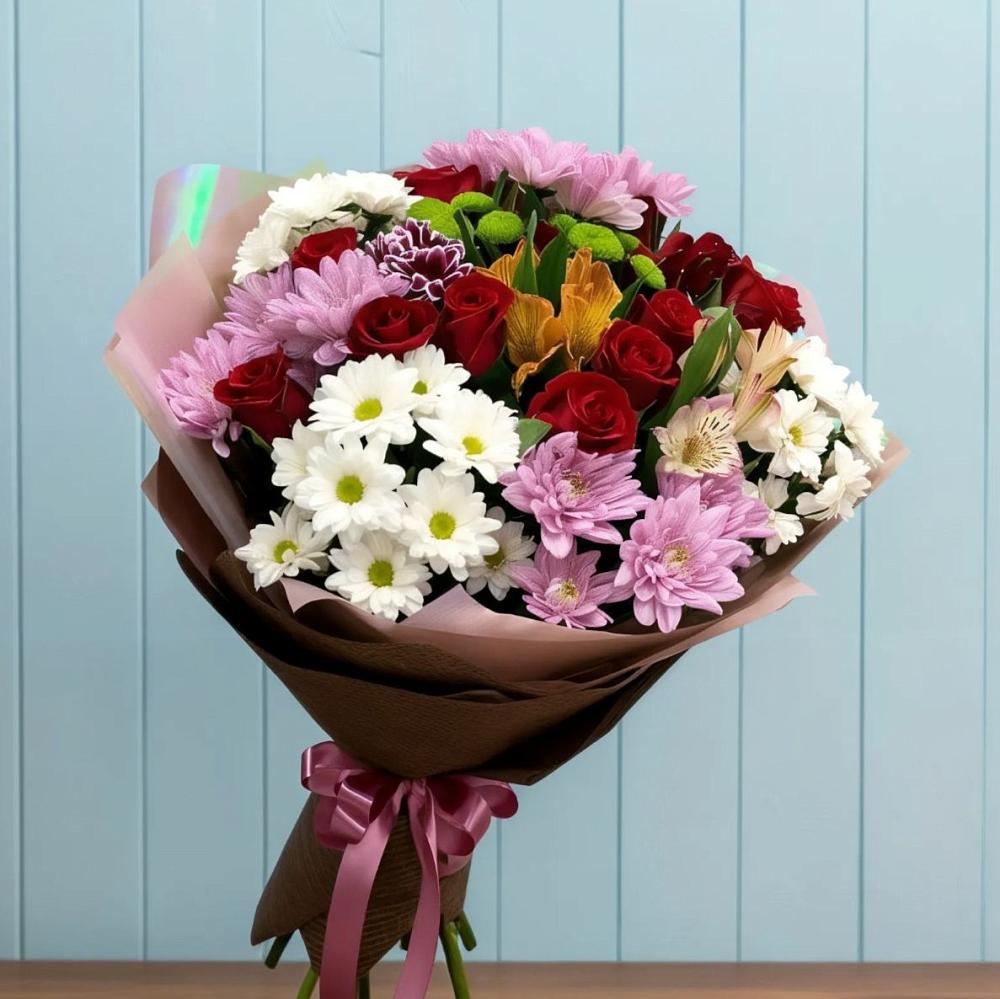 Букет цветов из: Розы, Хризантемы и Альстромерии в Малой Джалге