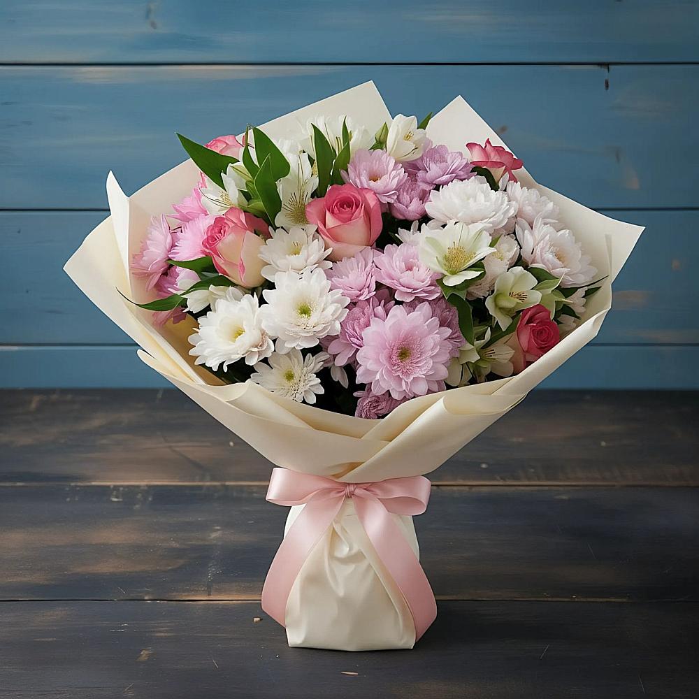 Букет цветов из: Хризантемы, Альстромерии и Розы в Малой Джалге